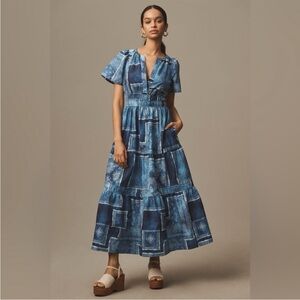 Anthropologie The Somerset Maxi Dress Bandana Patchwork Denim Print Blue Medium